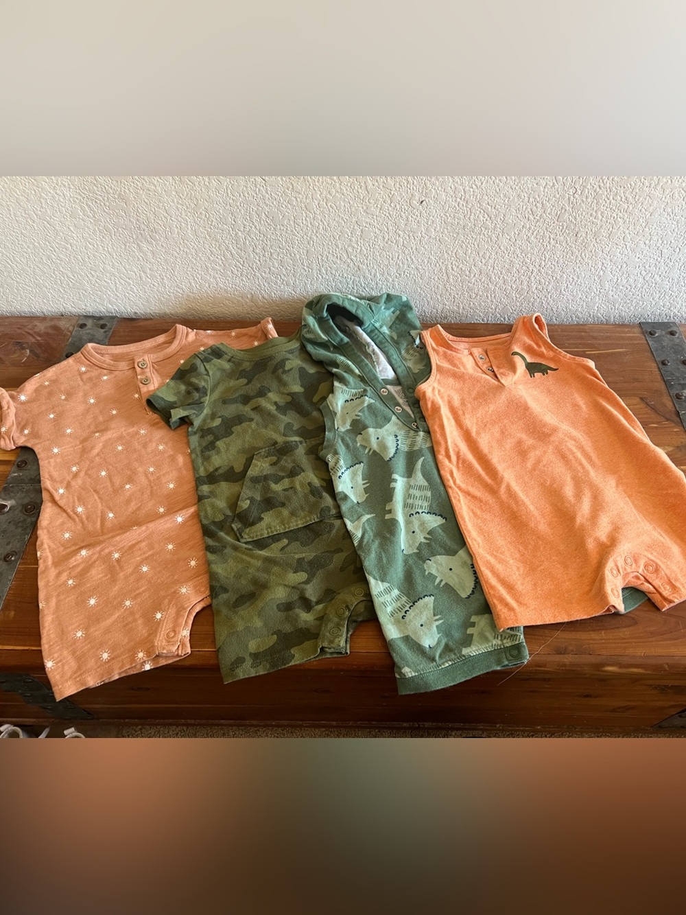4 Baby Rompers Summer Set - Green Camo, Dino Print & Orange